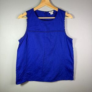 J.Crew Women's Blue Linen Cotton Sleeveless Top Size 4 Pom Pom Trim Boho